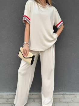 Jet Stream Contrast Striped Trim Crewneck T Shirt Loose Straight Pants Set