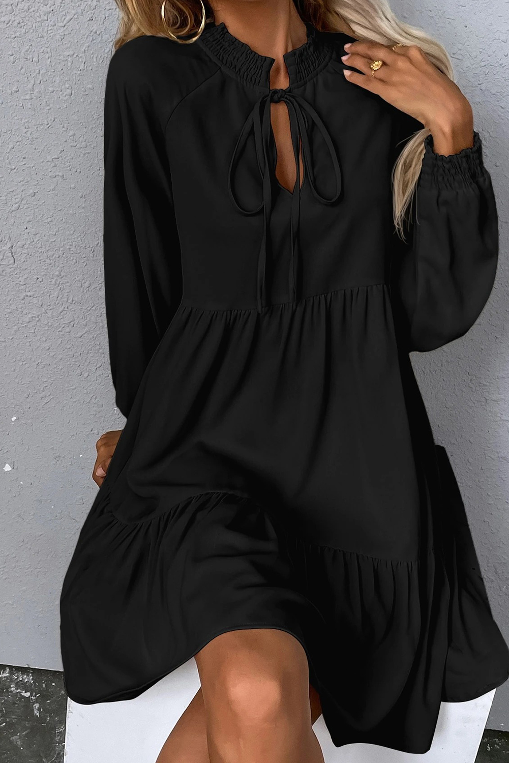 Black Tie Split Neck Smocked Detail Long Puff Sleeve Ruffle Hem Loose Dress - Image 7