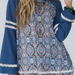 Blue Geometric Printed Lace Patchwork Ric Rac Raglan Long Sleeve Top