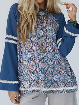 Blue Geometric Printed Lace Patchwork Ric Rac Raglan Long Sleeve Top