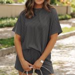 Carbon Grey Ribbed Textured Knit Loose Fit Tee and Shorts Set