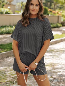 Carbon Grey Ribbed Textured Knit Loose Fit Tee and Shorts Set