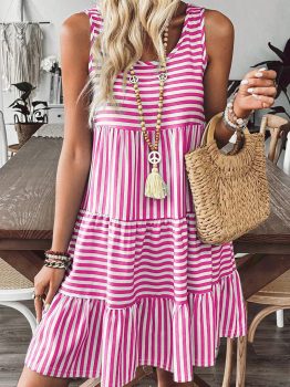 Rose Stripe U Neck Sleeveless Loose Fit Mini Dress