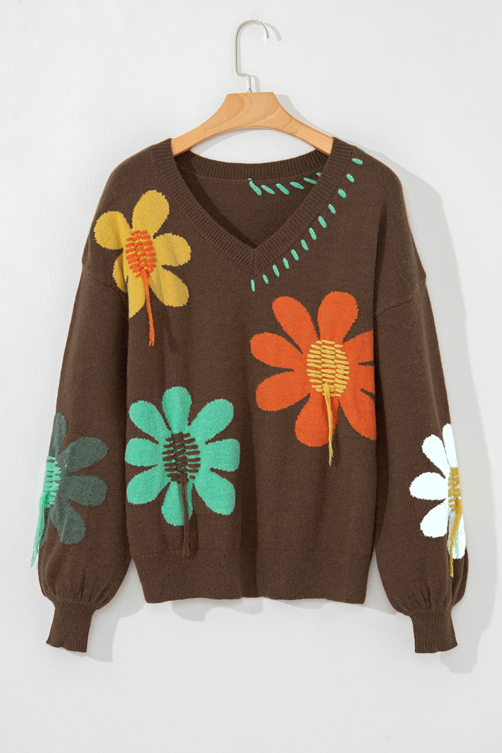 Coffee Big Flower Pattern V Neck Drop Shoulder Sweater - Image 8