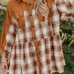 Khaki Plaid Color Block Patchwork Ruffle Hem Tunic Shirt Dress