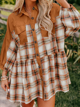Khaki Plaid Color Block Patchwork Ruffle Hem Tunic Shirt Dress