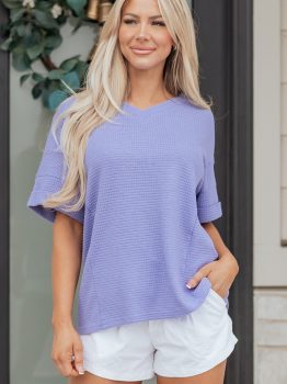Wisteria Waffle V Neck Short Sleeve Knit Top