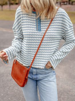Sky Blue Stripe Textured Frilly Trim Buttons Henley Long Sleeve Top