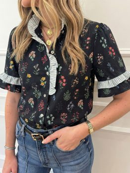 Black Contrast Frilled Trim Short Sleeve Floral Shirt