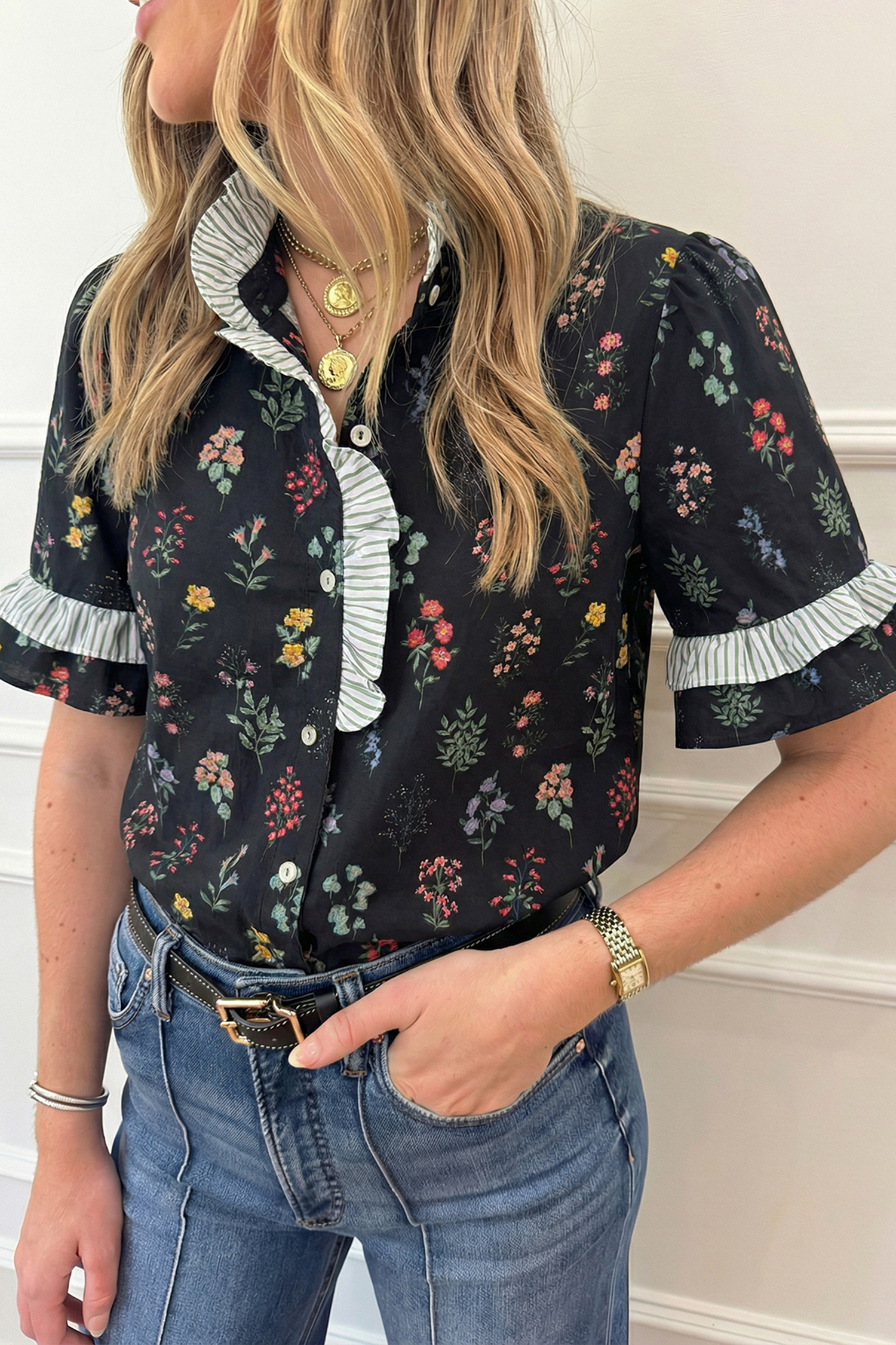 Black Contrast Frilled Trim Short Sleeve Floral Shirt