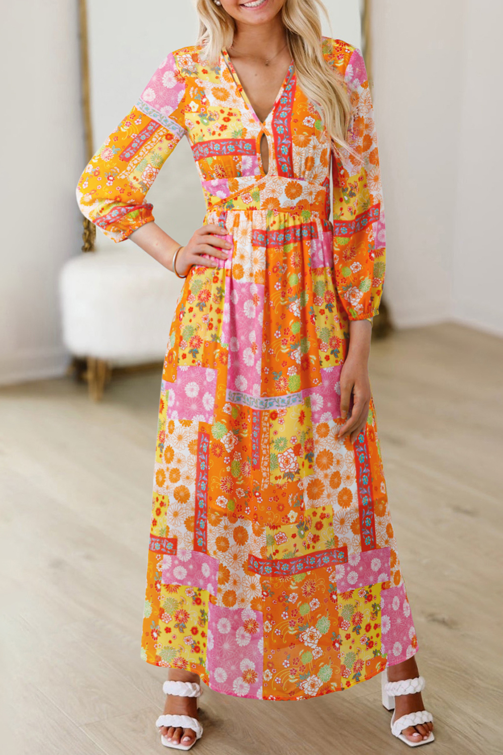 Orange Floral Patchwork Print Cut out Tied Back Bracelet Sleeve Maxi Dress - Image 2
