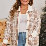 Khaki Vintage Pattern Ribbed Trim Button Front Plus Size Cardigan Sweater