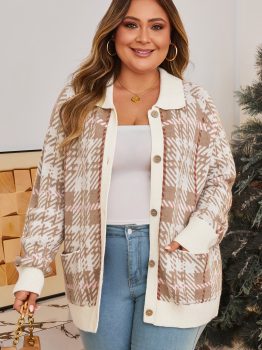 Khaki Vintage Pattern Ribbed Trim Button Front Plus Size Cardigan Sweater