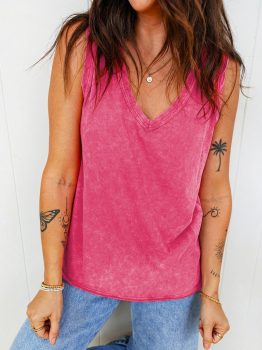 Rose Red Mineral Wash V Neck Tank Top