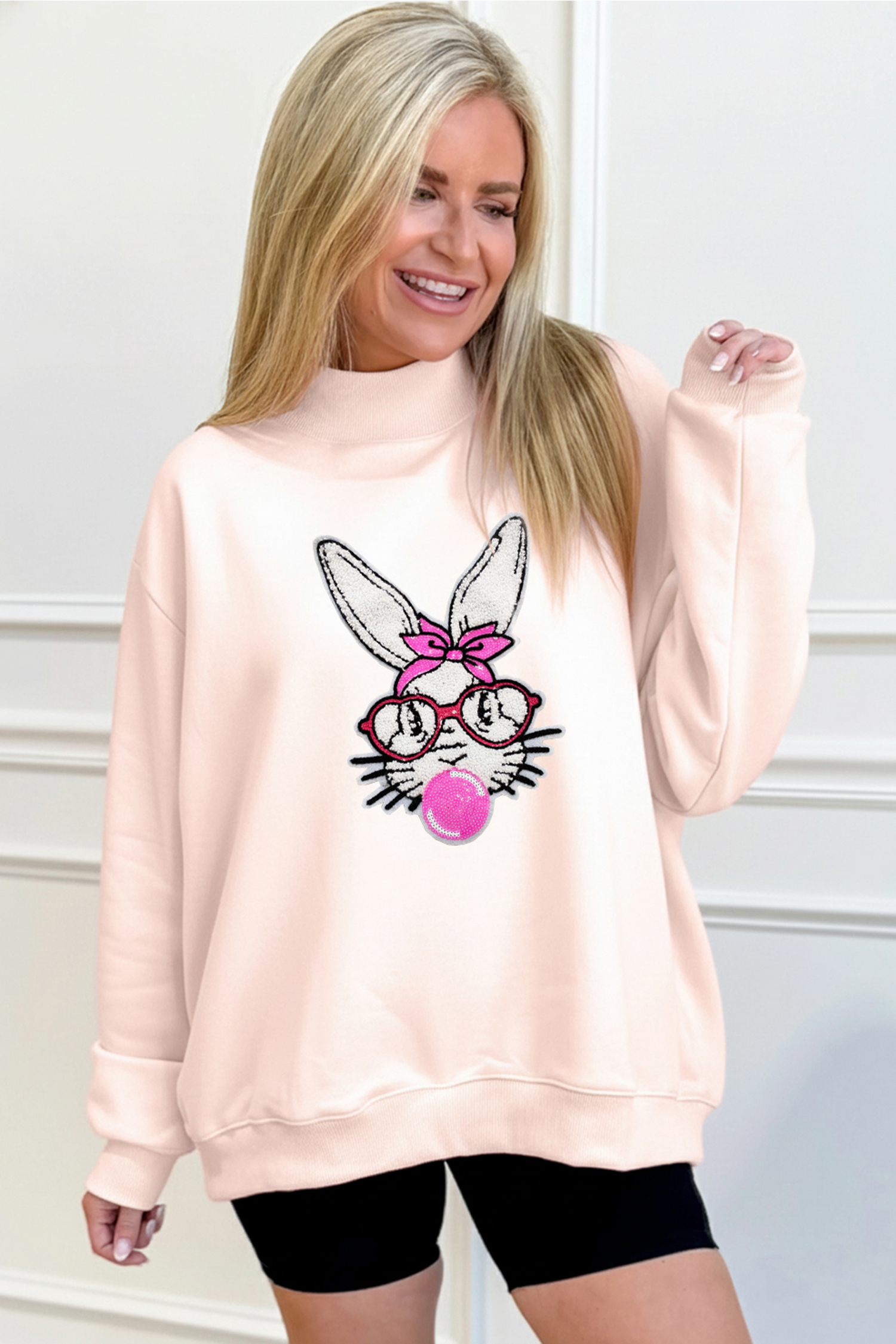 Apricot Pink Bubble Gum Bunny Chenille Patch Sweatshirt - Image 3