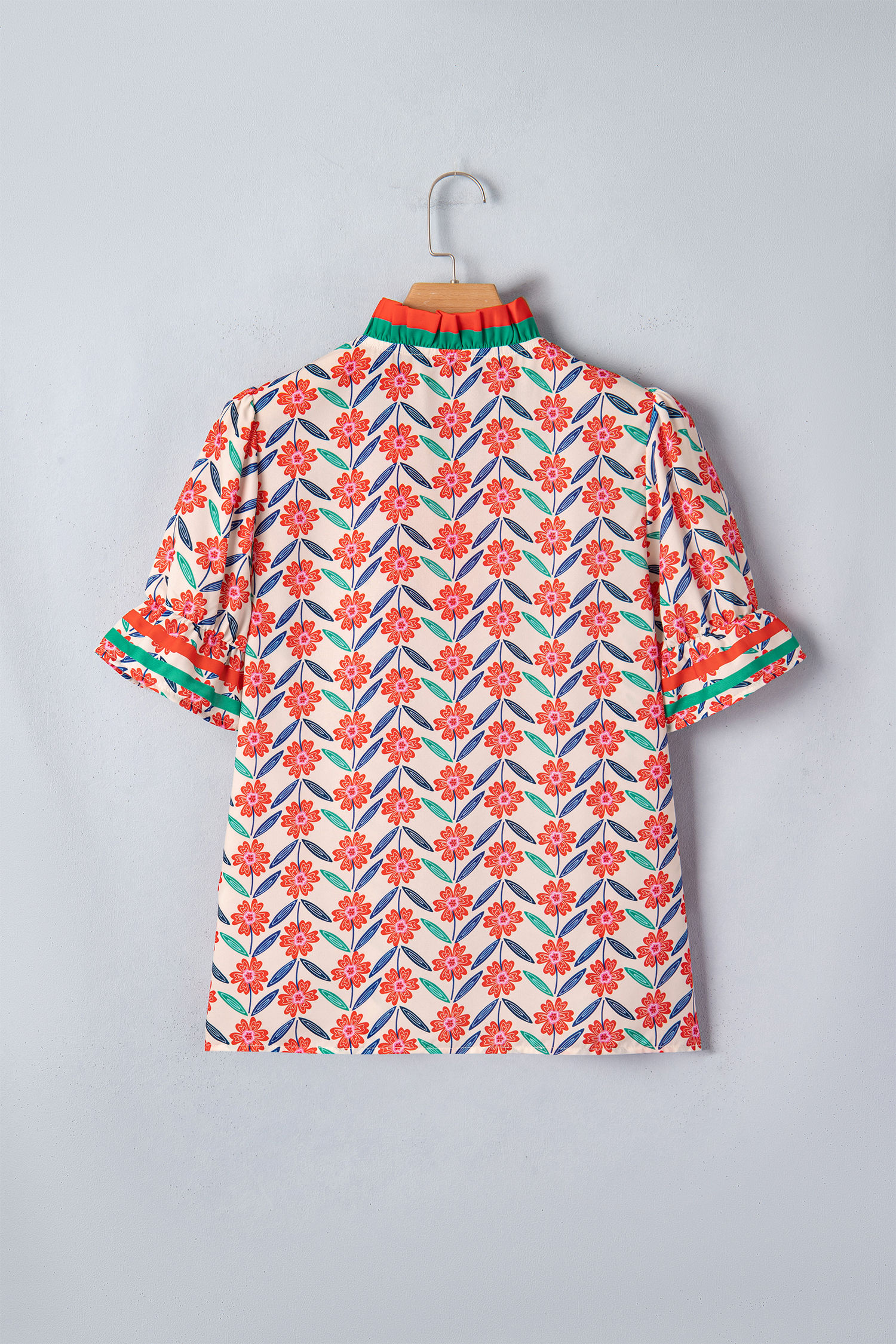 Red Floral Print Striped Detail V Neck Ruffled Short Sleeve Blouse - Image 3