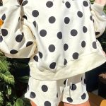 Beige Polka Dot Print Drop Shoulder Pullover Drawstring Shorts Set
