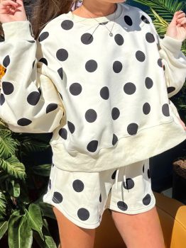 Beige Polka Dot Print Drop Shoulder Pullover Drawstring Shorts Set