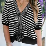 Black Stripe Short Sleeve Knit V Neck Bow Knot Sweater