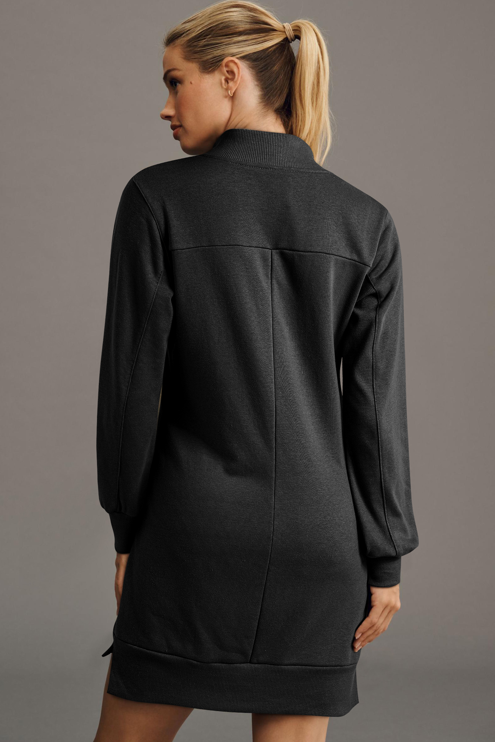Black Zip up Collared Ribbed Patchwork Sweatshirt Dress with Pockets - Image 2