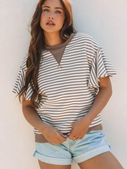 Parchment Contrast Detail Striped Ruffle Short Sleeve Top