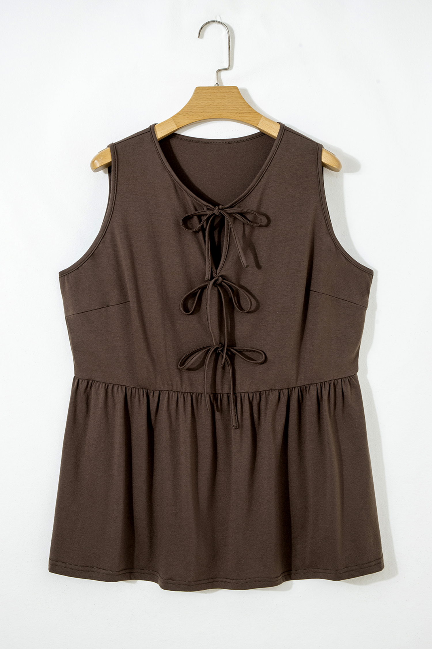 Coffee Plus Size Solid Color Bow Tie Peplum Tank Top - Image 3