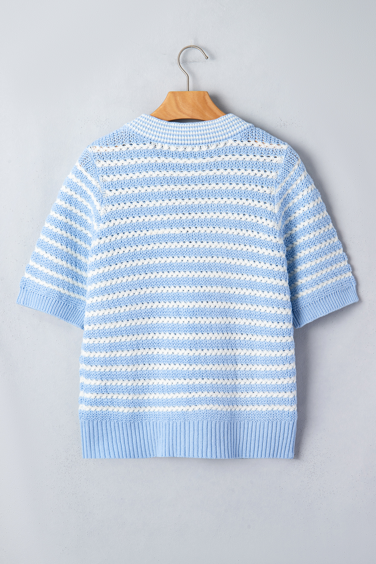 Sky Blue Stripe Short Sleeve Knit V Neck Bow Knot Sweater - Image 6