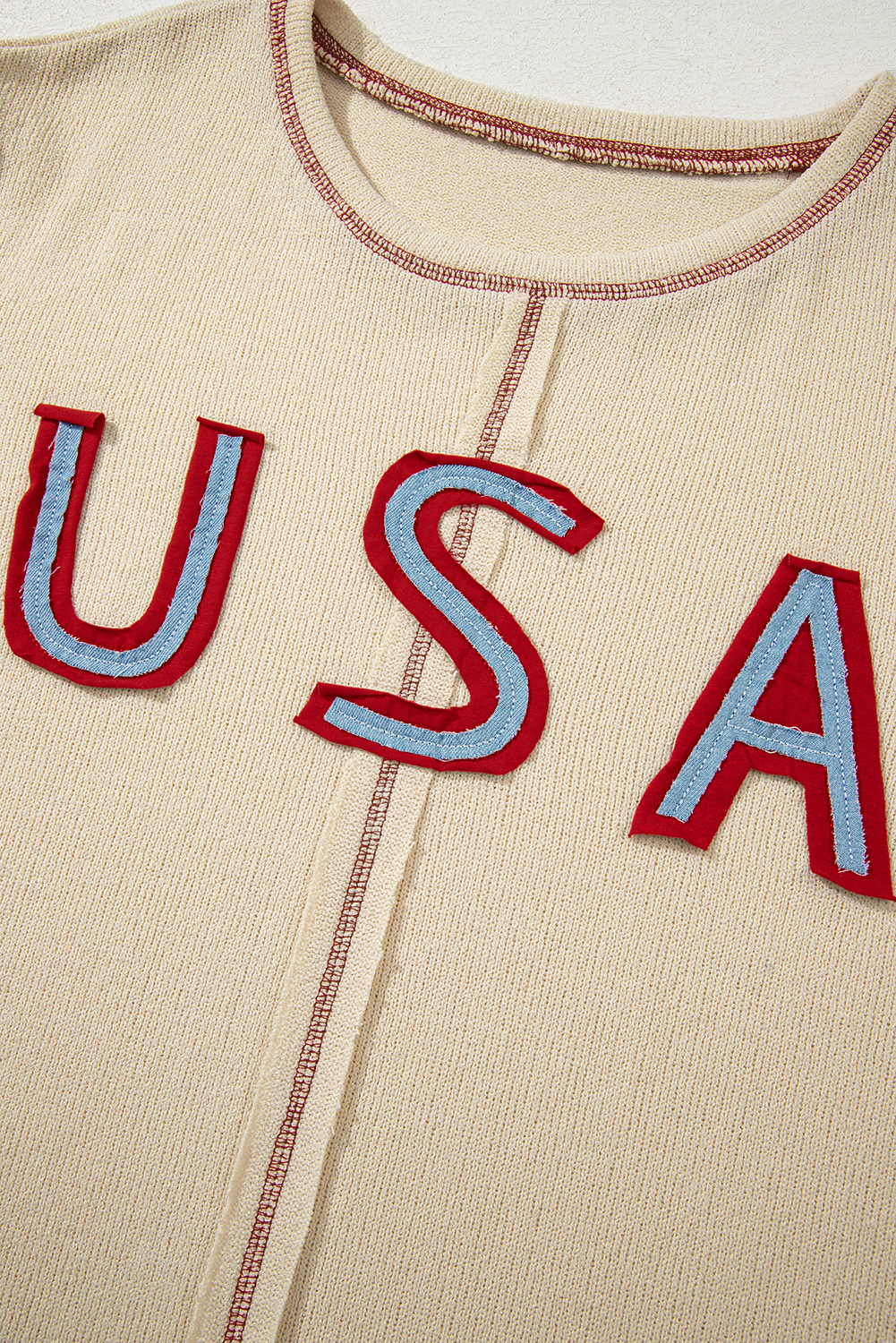 Beige USA Star Contrast Patchwork Exposed Seam Long Sleeve Top - Image 8