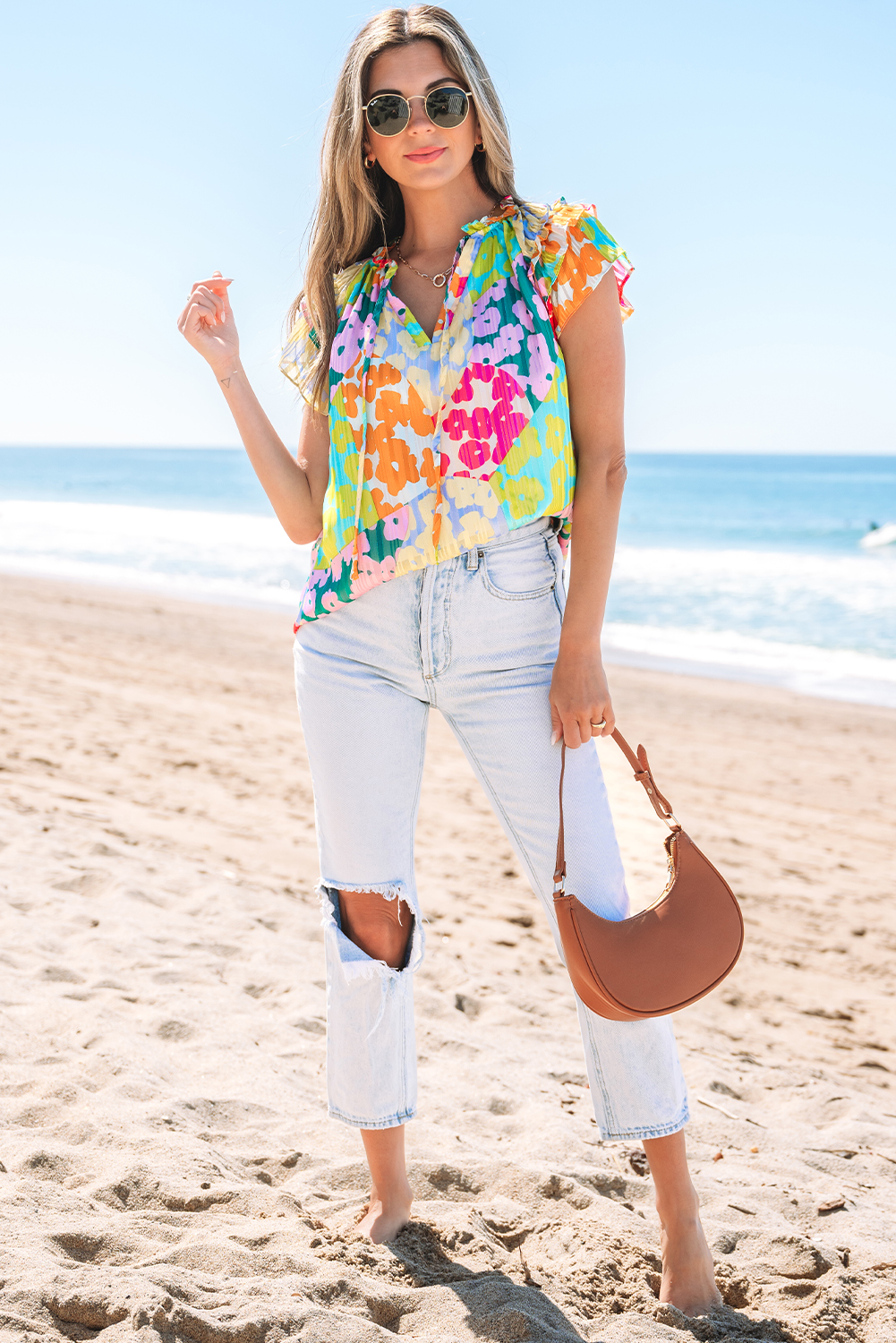 Multicolour Leopard Flutter Sleeve V Neck Crinkled Blouse - Image 5