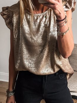 Gold Metallic Round Neck Ruffle Trim Sleeveless Top