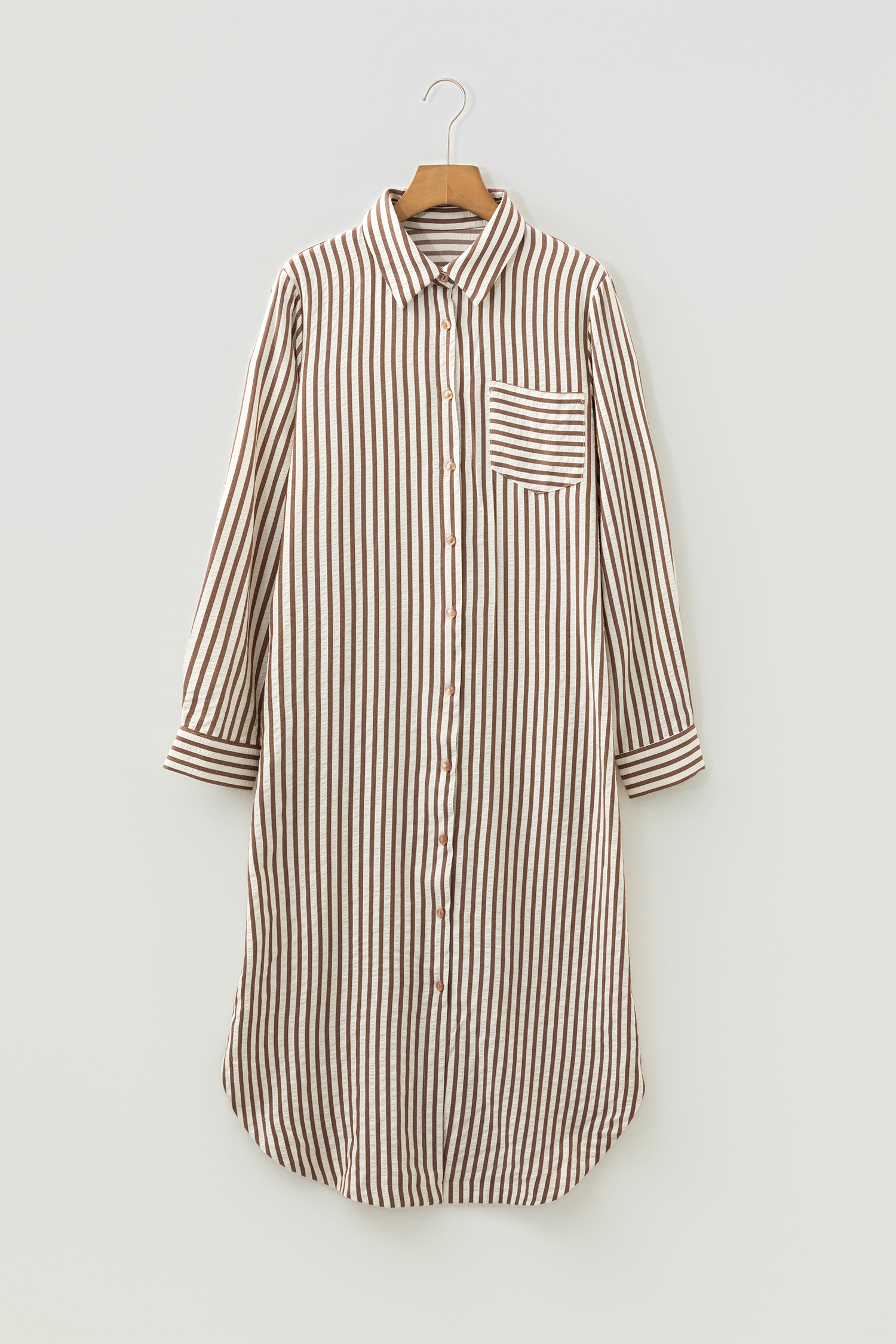 Brown Stripe Textured 3/4 Sleeve Round Hem Split Midi Shirt Dress - Image 4