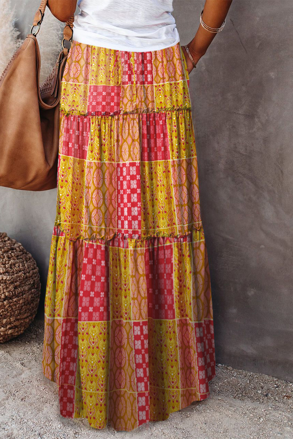 Orange Tiered Paisley Print Pocketed Maxi Skirt - Image 2