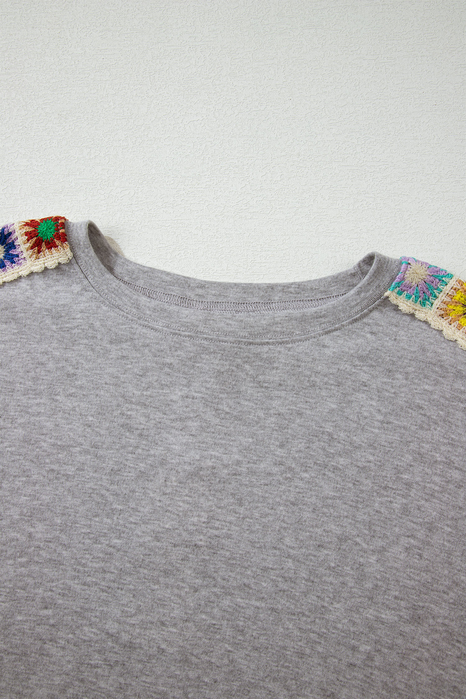 Light Grey Granny Square Crochet Detail Loose T Shirt - Image 7