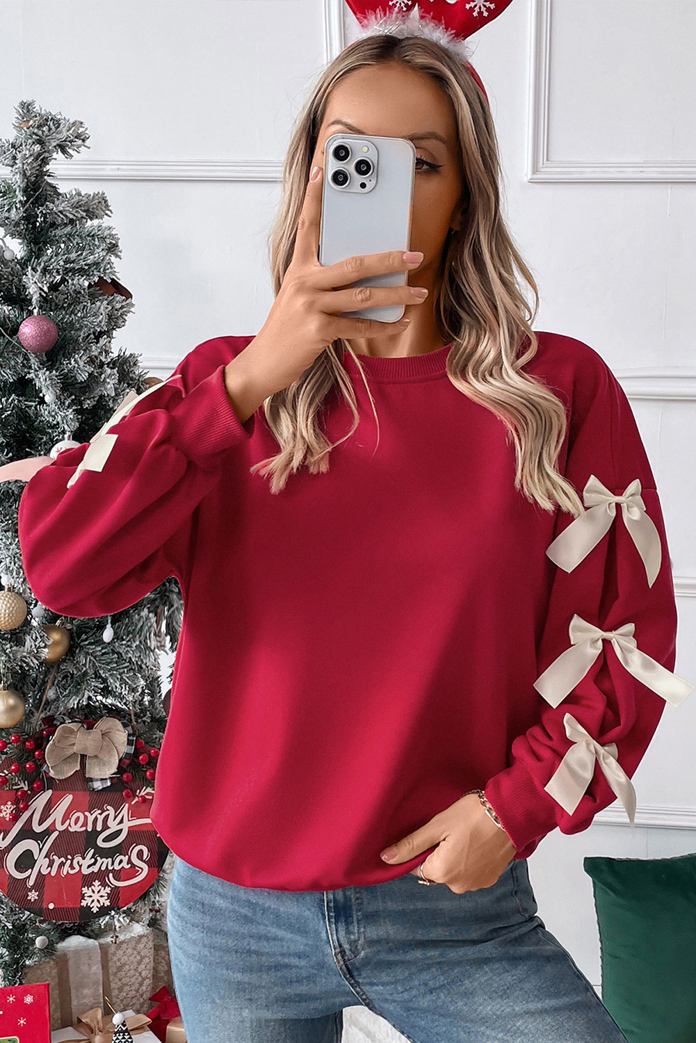 Fiery Red Contrast Bow Decor Dropped Sleeve Crewneck Sweatshirt - Image 4