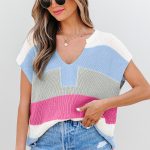 Light Blue Color Block Notch V Neck Sweater T Shirt