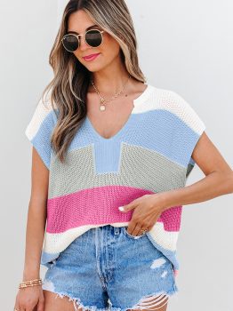 Light Blue Color Block Notch V Neck Sweater T Shirt