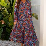 Blue Floral Print Tassel Tie V Neck Long Sleeve Flowy Long Dress