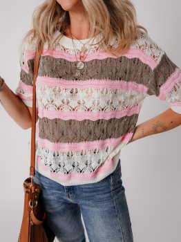 Brown Stripe Color Block Hollow Out Crochet Half Sleeve Sweater