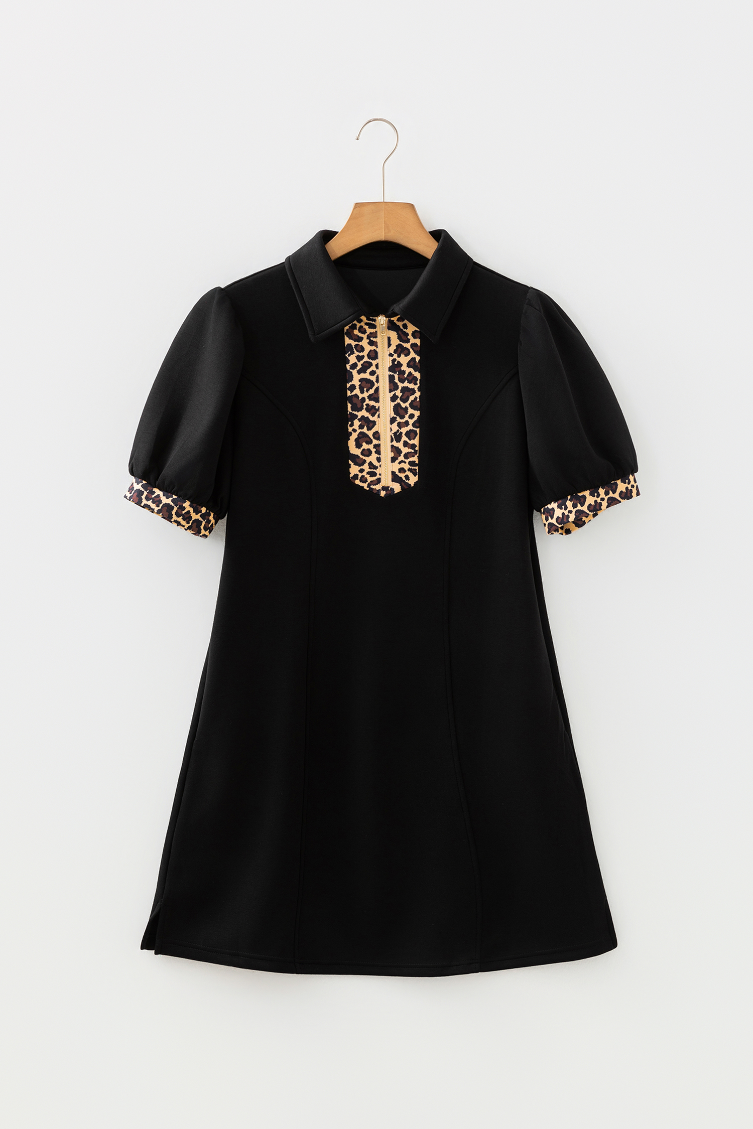 Black Leopard Patchwork Zip Collared Short Puff Sleeve Shift Mini Dress - Image 5