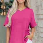 Strawberry Pink Waffle V Neck Short Sleeve Knit Top