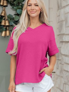 Strawberry Pink Waffle V Neck Short Sleeve Knit Top