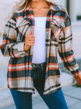Khaki Geometric Plaid Print Pocketed Shacket