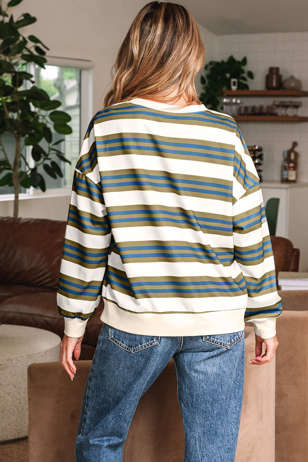 Khaki Stripe Crew Neck Drop Shoulder Pullover Sweatshirt - Image 2