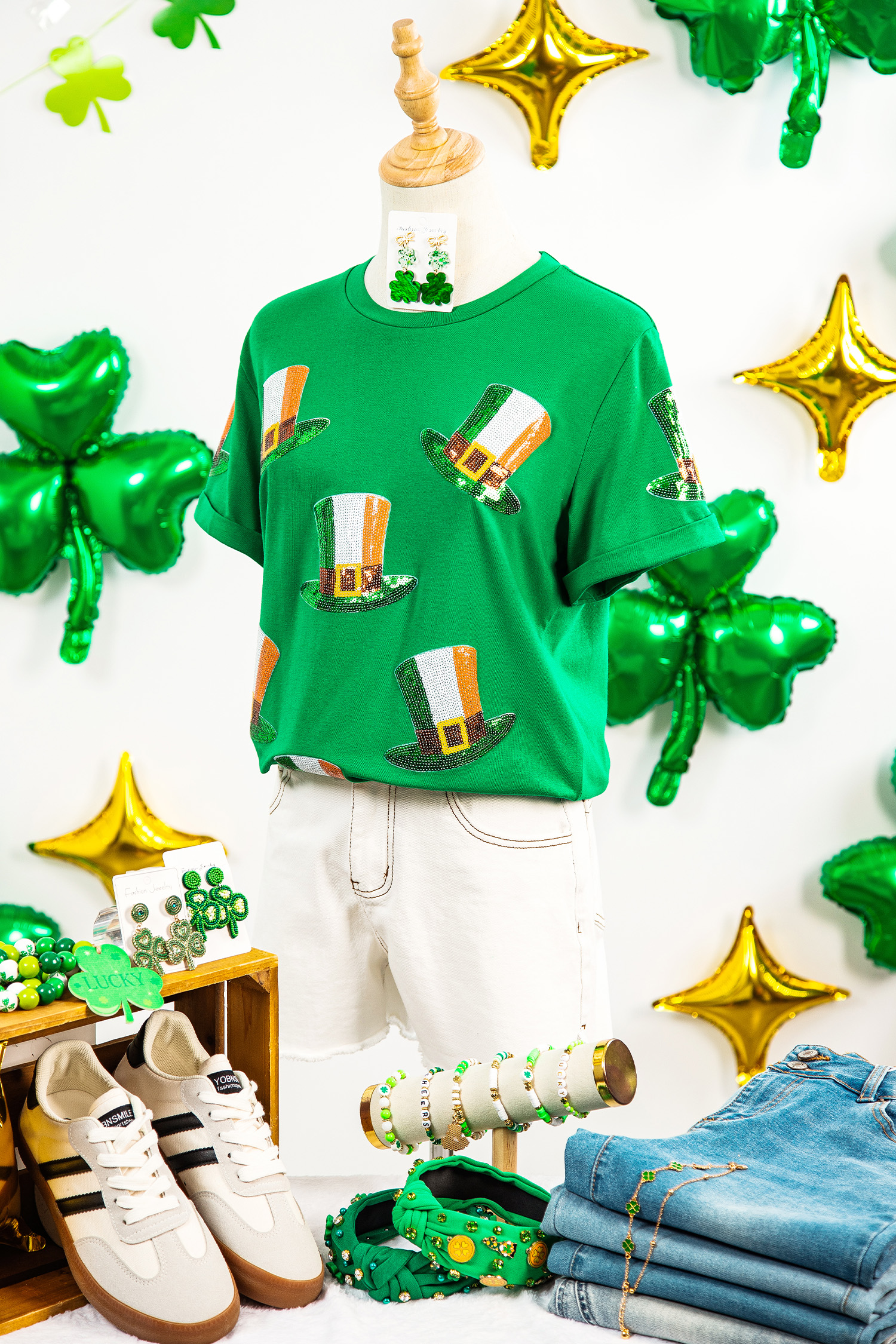 Bright Green Sequin St Patricks Day Hat Relaxed T Shirt - Image 6