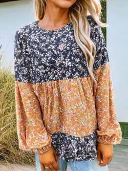 Blue Floral Color Block Patchwork Ruffled Hem Round Neck Blouse