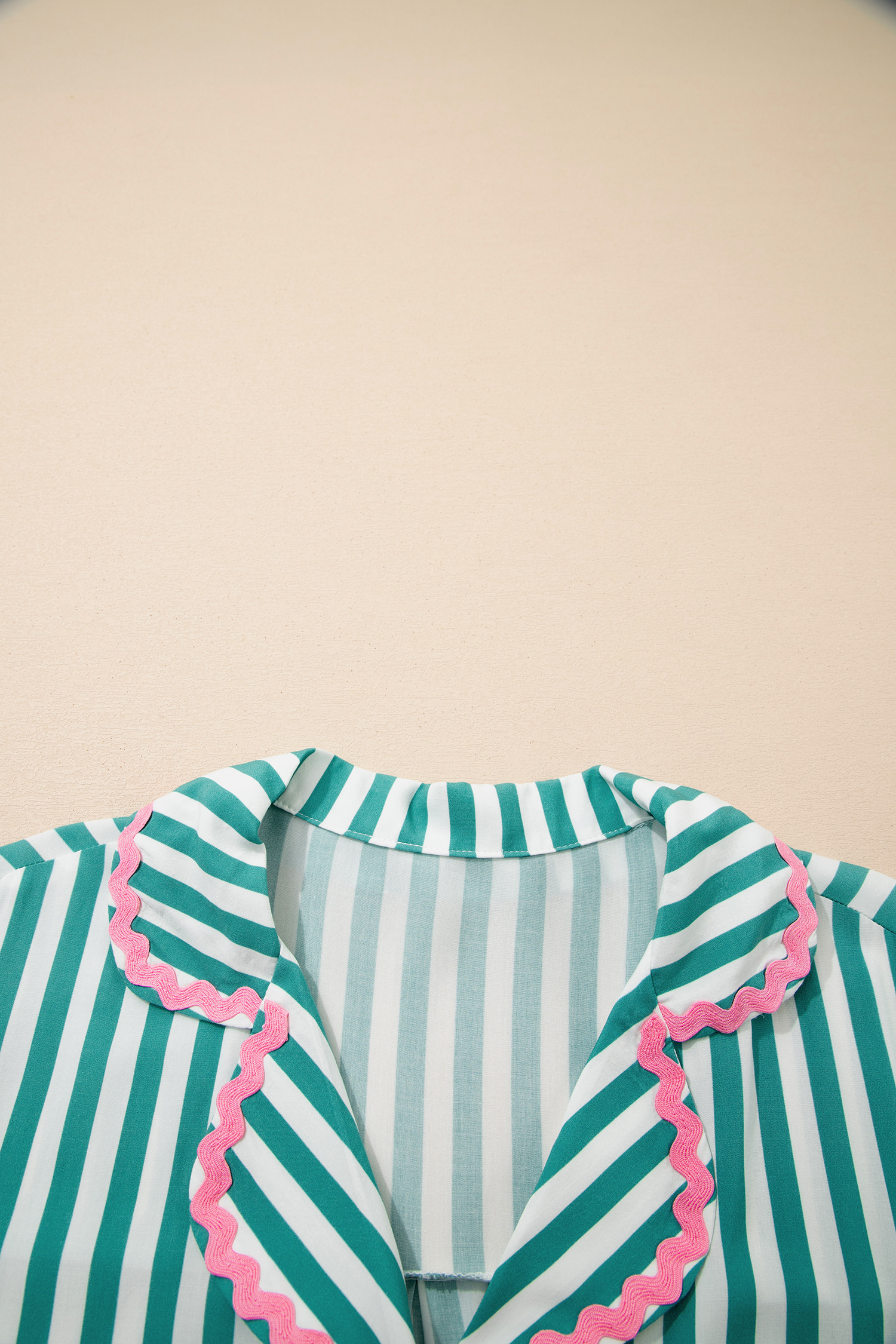 Green Stripe Contrast Ricrac Trim Long Sleeve Shirt Drawstring Ruffled Pajama Short Set - Image 8