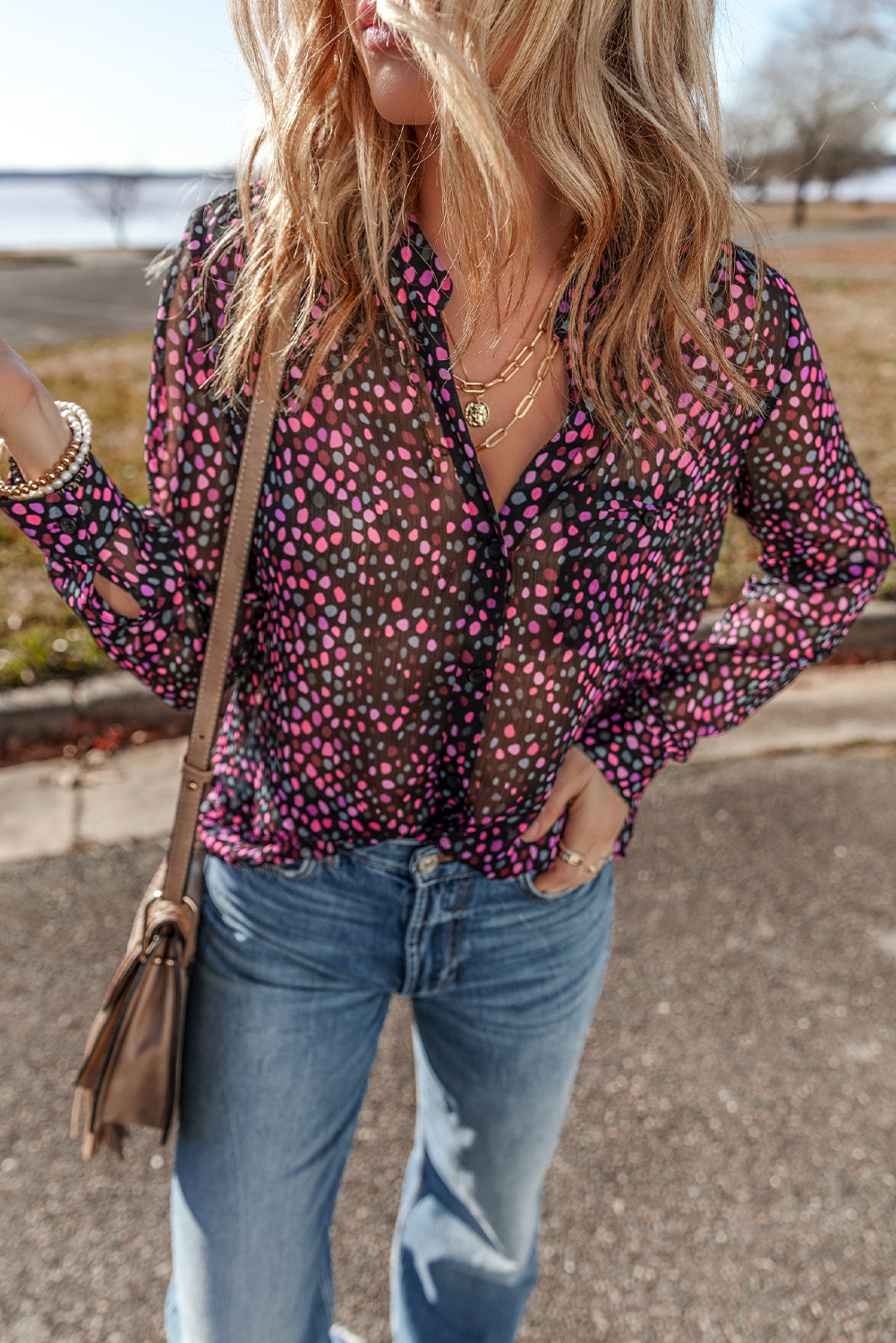 Grape Wine Polka Dot Printed Buttoned Casual Shirt - Image 5