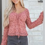 Peach Blossom Drawstring Knot Detail Floral Lace Blouse