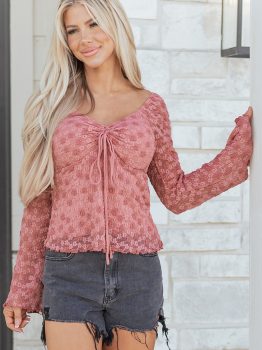 Peach Blossom Drawstring Knot Detail Floral Lace Blouse