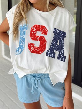 White USA Color Block Letter Printed Dolman Tee